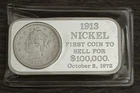 Rare 1 Oz 1913 Nickel Vintage Silver Art Bar World Wide Coin #2187