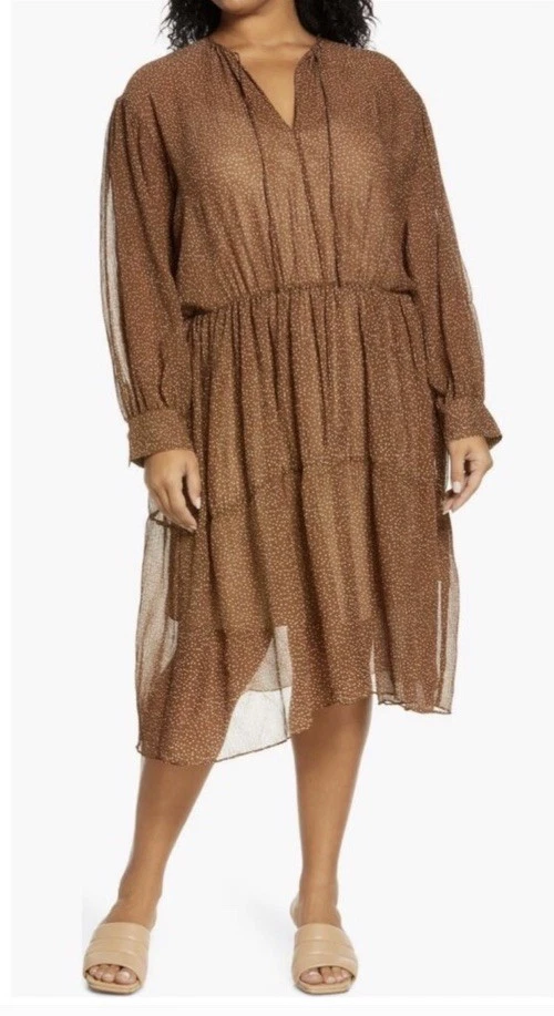 women's brown dress with sleeves Bronze Satin Wrap Maxi Dress With Collar M