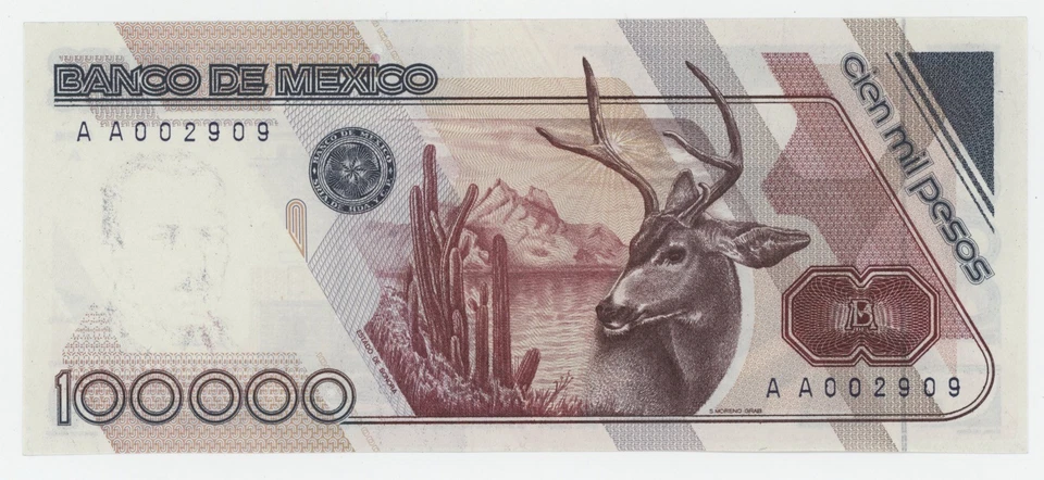 México 100000 Pesos 4-1-1988 Pick 94.a Serie A Sin Circular Serie AA002909 Foto 2 de 2