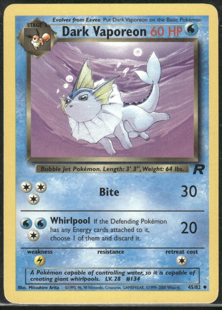 Dark Vaporeon 45/82 Uncommon Team Rocket Pokemon Unlimited Moderately Played