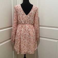 NA-KD Floral Lace Up V Neck Long Sleeve Mini Dress Peach White Size 36