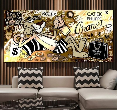 XL LEINWAND BILD ER BIS 175x80x5 PINK-PANTHER POP-ART GRAFFITI WANDBILD GOLD-GEL