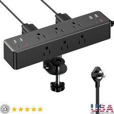10/15ft Flat Plug Desk Clamp Power Strip Fast Charging Station Dual USB C Ports