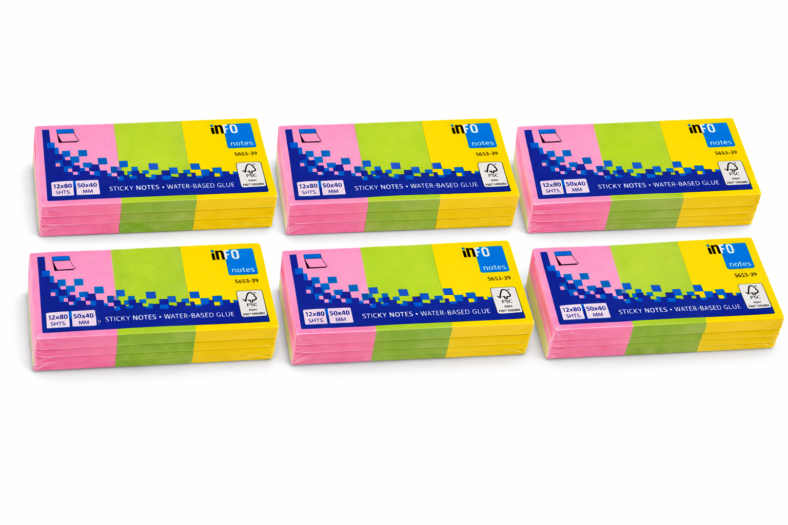 Sticky Notes 6 Packs Neon Memo Pads 50x40mm 12x80 Sheets Office Notes