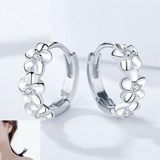 Elegant Flower Silver Jewelry Gift White  Hoop Earrings