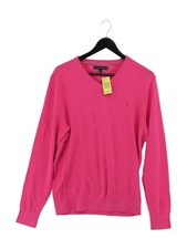 Tommy Hilfiger Men's Jumper M Pink Cotton with Silk V-Neck Pullover