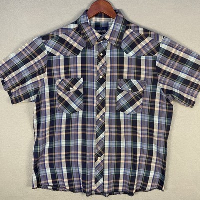 VTG Wrangler Pear Snap Shirt Mens Large Plaid Short Sleeve Pockets Western Rodeo
