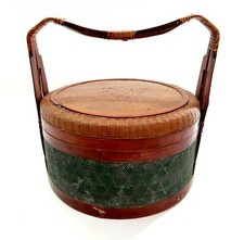 Antique CHINESE WEDDING BASKET 10" Woven Bamboo with Handle ~ SIGNED w/ WAX SEAL