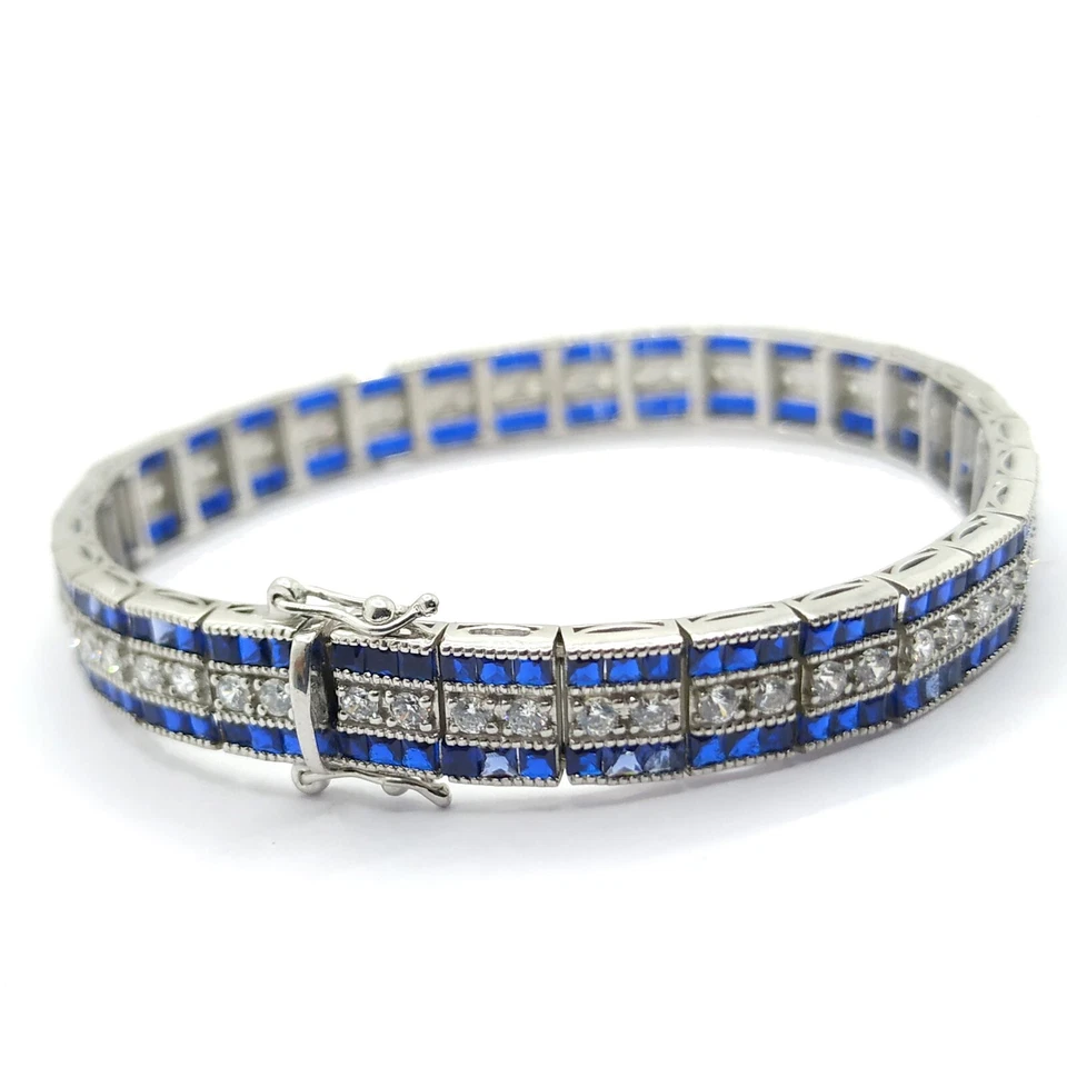 Men's Vintage Art Deco Princess Sapphire 18K White Gold Plated Brass Bracelet 8" - Image 2 of 4