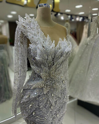 Luxury Silver Mermaid Wedding Dresses Beaded Sequins Long Sleeve Bridal Gowns | eBay Luxury Silver Mermaid Wedding Dresses Beaded Sequins Long Sleeve Bridal Gowns | eBay