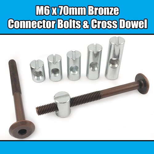 M6 x 70mm Bronze Furniture Connector Bolts & Cross Dowel Barrel Nuts