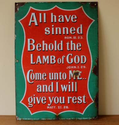 Religiöse Kirche Emaille Blechschild. Lamm Gottes Sünder Bibel Zitat. um 1915