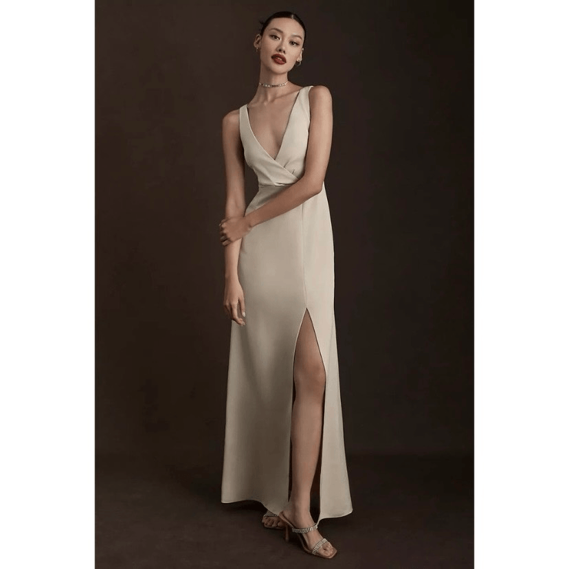 BHLDN Piper Champagne V-Neck Side Slit Satin Maxi Formal Gown NWT