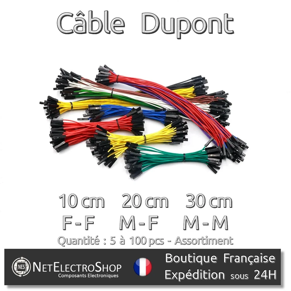 Câble Dupont FF/MF/MM, 10/20/30cm, Assortiment 5 à 100pcs Breadboard Arduino RPi