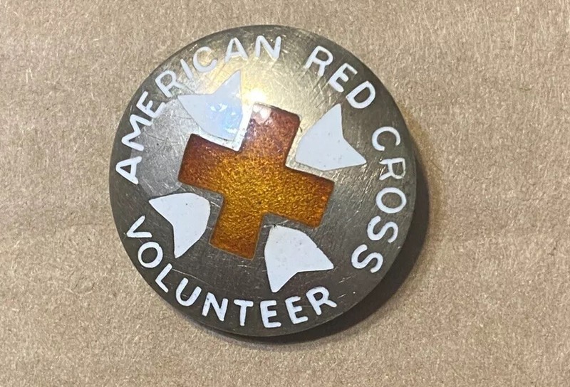 WWII American Red Cross Volunteer Pin Silver Tone Red Enamel Badge 1940s Vintage