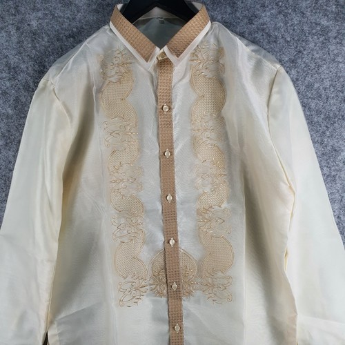 Barong Tagalog Shirt Large Beige Cream Long Sleeve Double Collared NEW 9020 - Bild 8 von 11