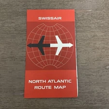 1965 SWISSAIR AIRLINES NORTH ATLANTIC ROUTE MAP 18 BY 20 1/4