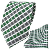 Tigertie Designer Krawatte + Einstecktuch GrüN Grau Silber Weiss Gestreift