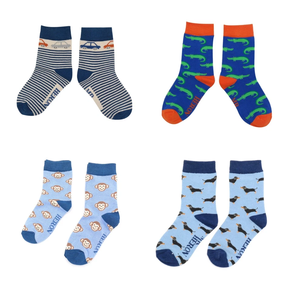MR HERON Boys Kids Childrens Fun Cool Bamboo Socks CARS CROCODILES MONKEYS DOGS