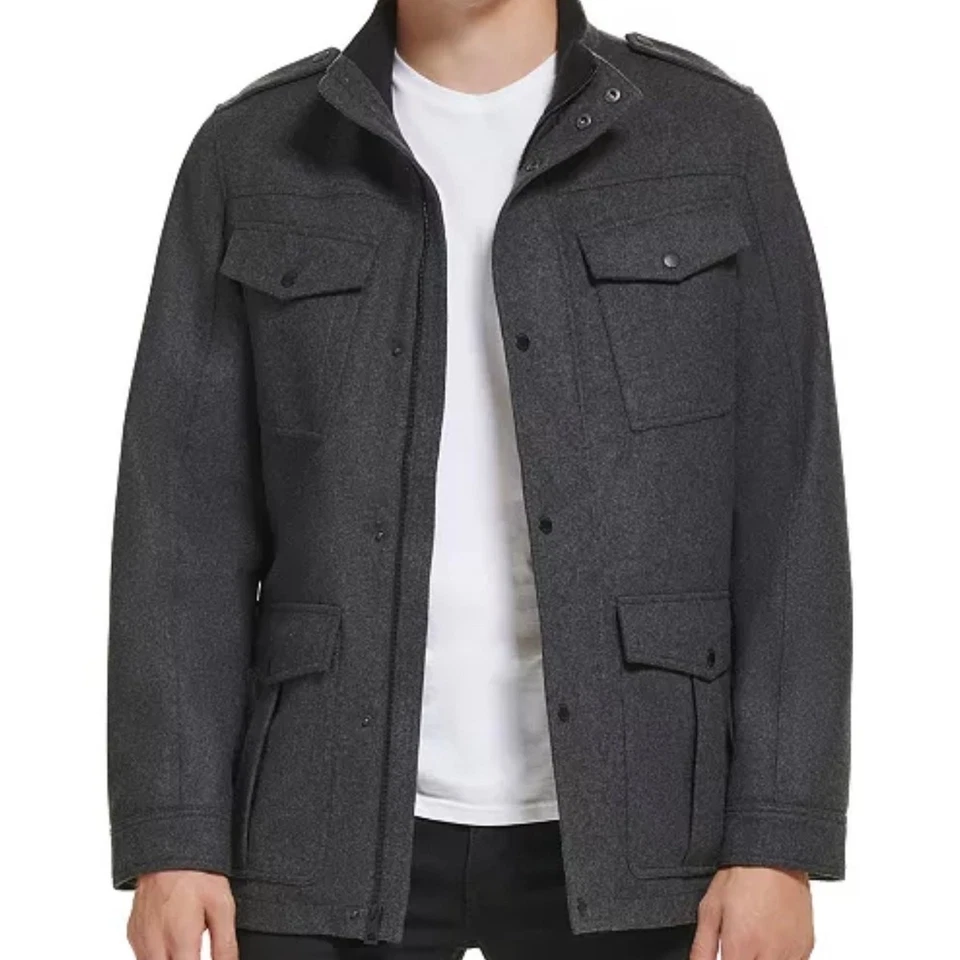 Guess Wool Blend Military Field Jacket Large Mens Coat Quilted Insulated Gray - Image 2 of 4