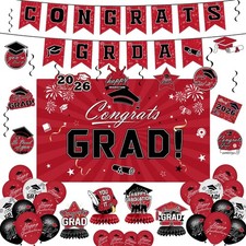 Graduation Decorations 2026 Set - Red Themed Congrats Grad Banner, Backdrop, ...