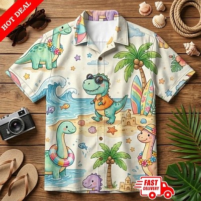 Cute Dinosaur Aloha Shirt Mens Tropical Beach Palm Trees Short Sleeve Button Up