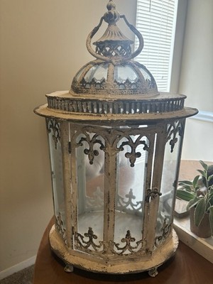 Clayre & Eef Decorative Rustic White Holder w/Ornate Scrolling Lantern