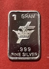 1 Gram Fine Silver Art Bar With Cross & Crown. .999 Pure Silver!