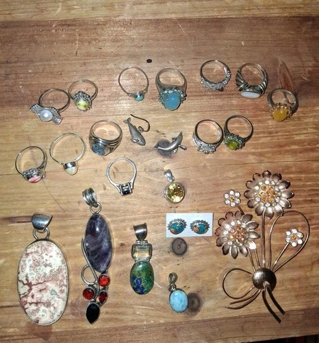 Huge ​Vintage Sterling Silver Jewelry Lot - Rings Pendants Brooch - Some Signed