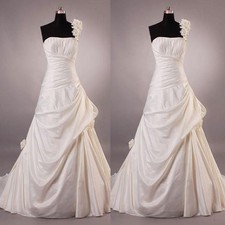 Satin Wedding Dresses One Shoulder 3D Flowers Sweep Train Ruching Bridal Gowns