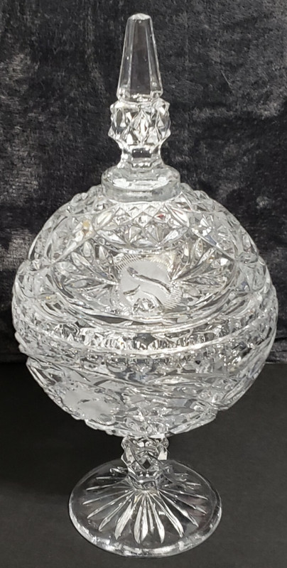 Vintage Cut Crystal Covered Compote Or Candy Dish With Etched Roses And Pedestal