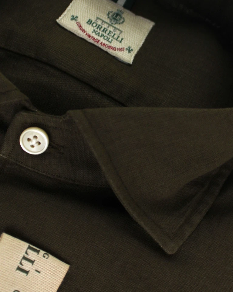 100%全新LUIGI BORRELLI衬衫棕色亚麻棉运动衬衫正品250890 — 第 3/4 张图片