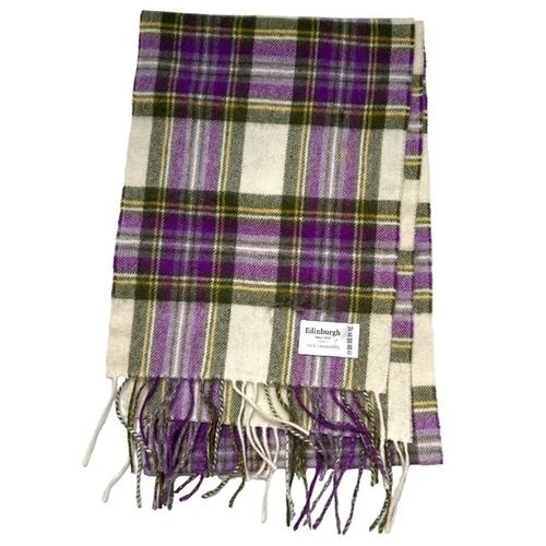 Edinburgh Scarf 100% Lambswool Rectangular Fringe Purple Cream Plaid Check Soft