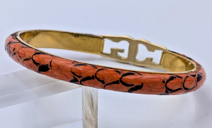 Scuola del Cuoio Firenze Orange Snakeskin Hinged Bangle Bracelet