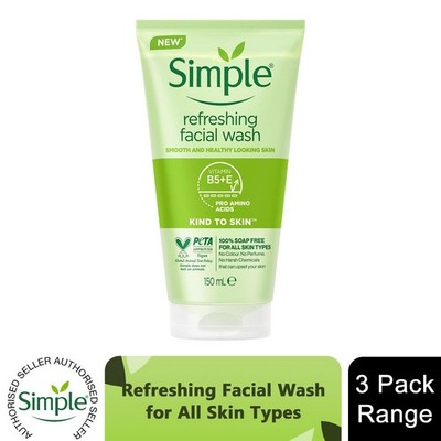 Simple Kind to Skin Refreshing Facial Gel Wash Soap Free Cleanser 150ml, 3er Pack