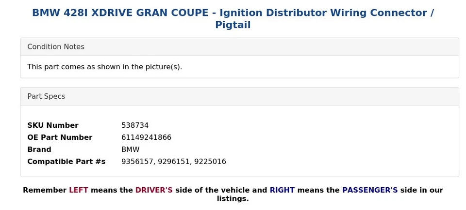 BMW 428I XDRIVE GRAN COUPE - Ignition Distributor Wiring Connector / Pigtail - Image 3 of 4