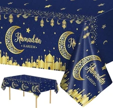 3 Pack Ramadan Table Cloth - Blue and Gold 54" x 108", 