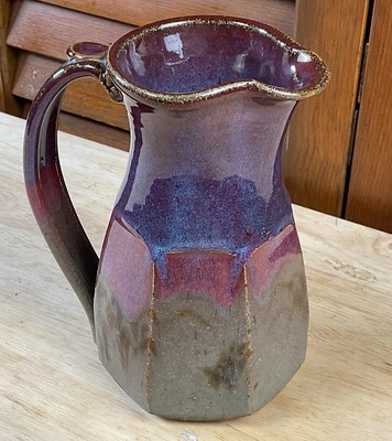 Purple Brown Drip Glaze Studio Pottery Pitcher W/Handle Artist Signed Boho Folk