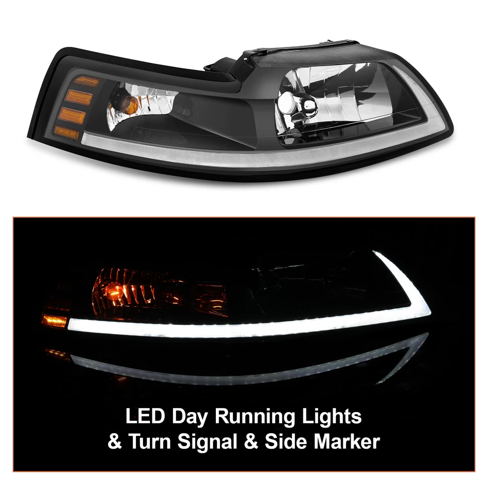 [LED Bar] Black Housing Headlights For 1999-2004 Ford Mustang 00 01 02 03 LH RH - Image 2 of 4