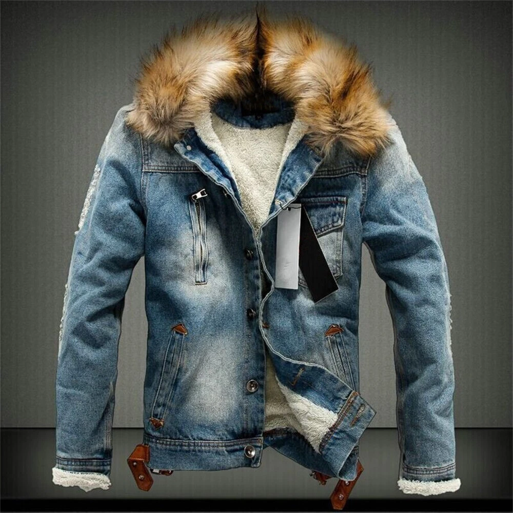 Mens Denim Jacket Jean Coat Slim Fit Casual Clothing Long Sleeve Buttons