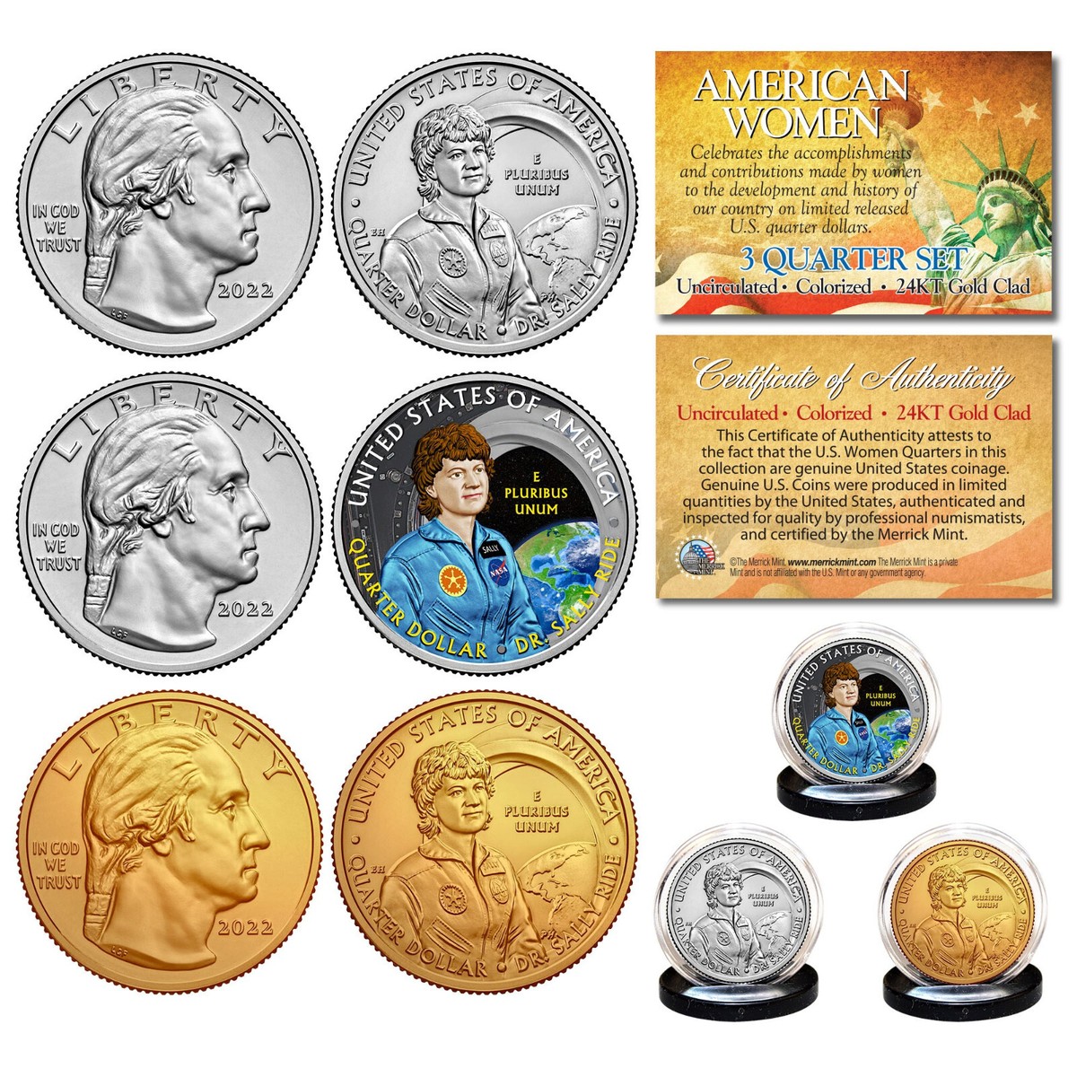 DR. SALLY RIDE 3-Coin Set 2022 American Women Quarters (Color Gold