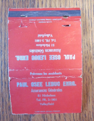40 STRIKE MATCHBOOK COVER: PAUL OSEE LEDUC INSURANCE VALLEYFIELD QC MATCHCOVER B