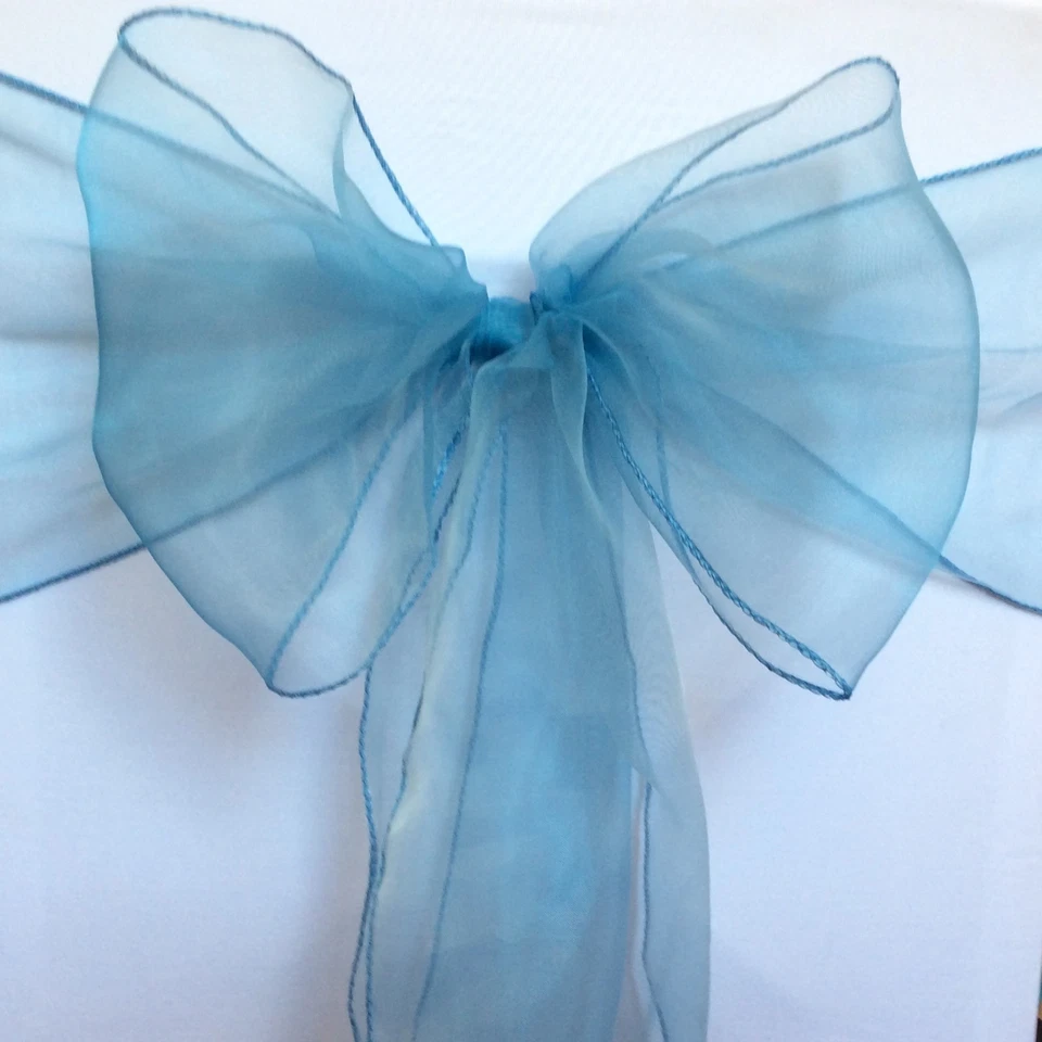 Polvoriento Azul Organza Silla Fajas Silla Lazos Arco Cinta Boda Aniversario Decoración Foto 2 de 4