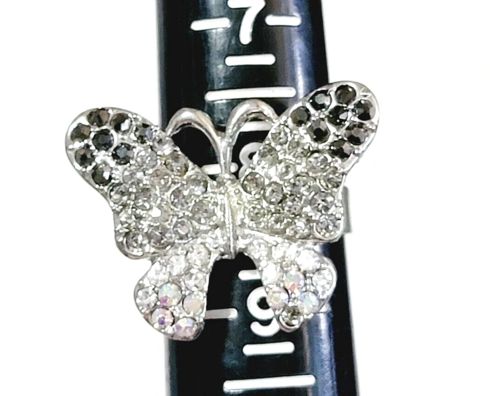 Anillo grande ajustable con diamantes de imitación mariposa tono plata vidrio negro gris r-13 Foto 3 de 4