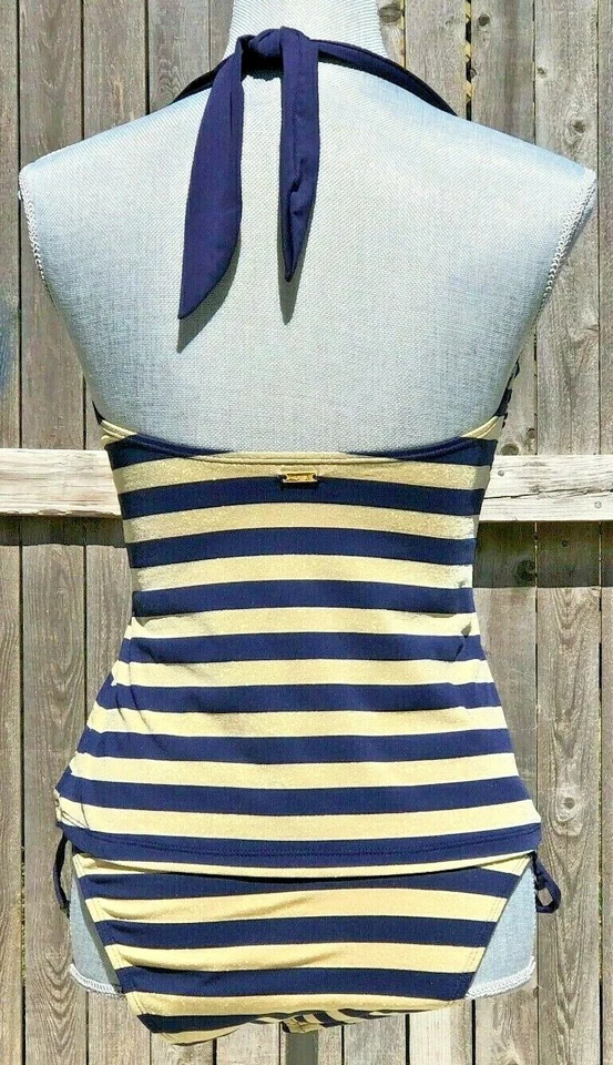 Tommy Hilfiger Womens Tankini Swim Suit 2 Piece Blue Gold Striped Metallic~6 - Image 4 of 4
