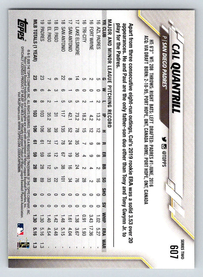 2020 Topps Gold Foil #607 Cal Quantrill (ref 184945) - Image 2 of 2