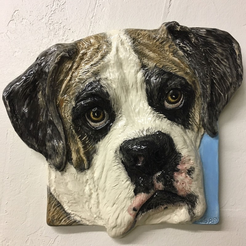 Boxer Dog Ceramic Portrait 3D Tile wall hanging handmade sculpture Alexander Art