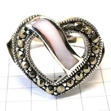 Last One SIZE 8 PINK MOTHER OF PEARL HEART RING Marcasite 925 STERLING SILVER