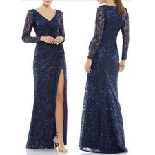 Mac Duggal Sequin Lace High Slit Long Sleeve Sheath Gown Midnight Size 18