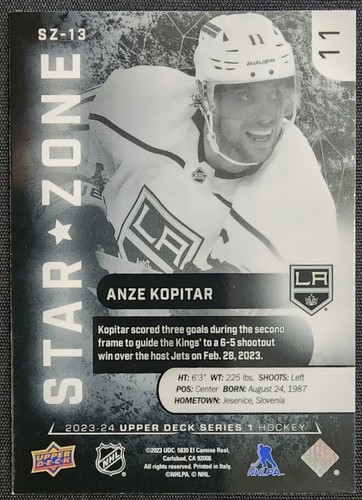 2023-24 Upper Deck Series 1 Hockey Anze Kopitar #SZ-13 Star Zone - Picture 2 of 2